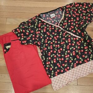 Mary Engelbreit Cherry Scrub Set | Women’s Medium | Black Red V-Neck Top + Pants